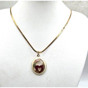 Gold-Tone Necklace With Red Heart & Floral Enamel Pendant